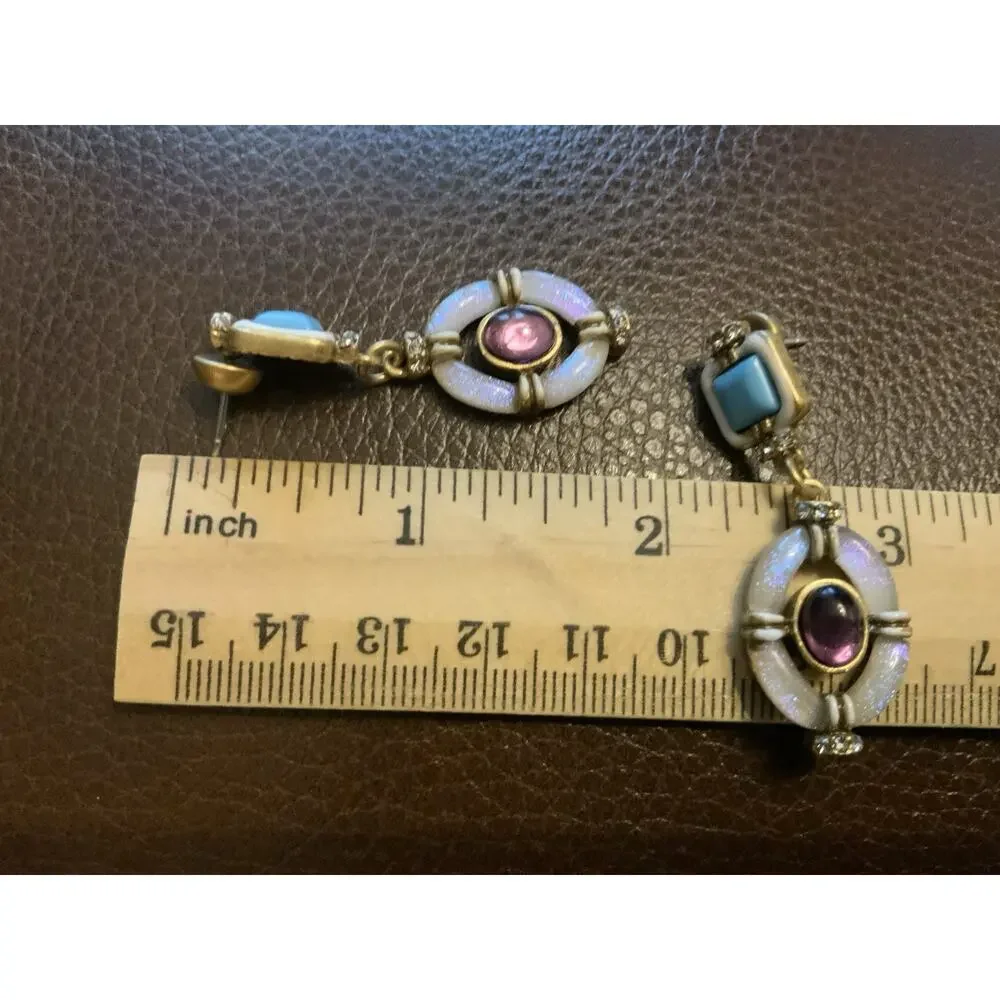 VTG Museum Antique Earrings Gold Turquoise Lucite Crystal Oval Court Amethyst